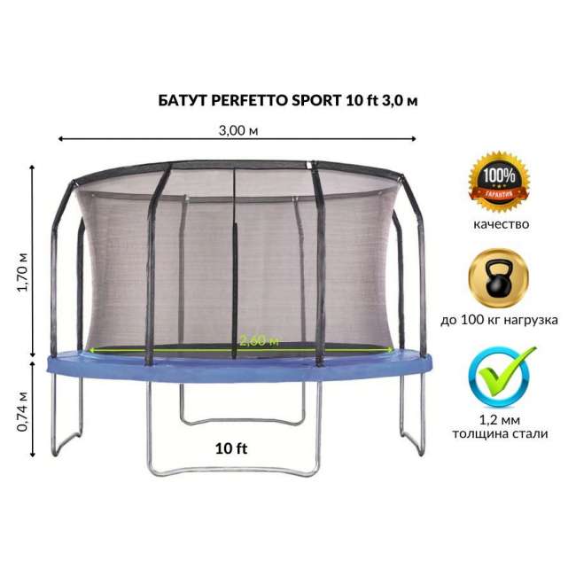 Батут с защитной сеткой "PERFETTO SPORT 10" диаметр 3,0 м синий Батут с защитной сеткой "PERFETTO SPORT 10" диаметр 3,0 м синий